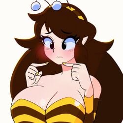 1girl 1girls 2020s 2023 adorable bee bee_costume bee_girl big_breasts black_eyes blush blushing blushing_at_viewer breasts brown_hair brunette bust busty busty_bee_girl cleavage clothed cute embarrassed female female_only gentle girly_girl huge_breasts large_breasts light-skinned_female light_skin oc original original_character shy shy_expression solo solo_female susiehatter two_tone_clothing two_tone_clothing_(blackandyellow) voluptuous voluptuous_female white_background yellow_fingernails