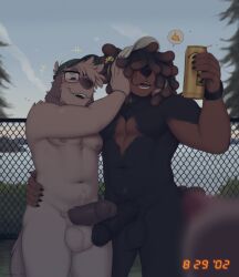 2023 alcohol anthro balls beer beverage black_body black_fur brown_body brown_fur canid canine canis chubby_male detailed_background domestic_dog duo erection fur genitals hi_res holding_object humanoid_genitalia humanoid_penis male male/male mammal nextel nude overweight overweight_male penis reed_(bearra) seibrxan_(fursona) slightly_chubby