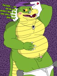 2023 alligator alligatorid anthro balls belly big_belly blush brok_(brok_the_investigator) brok_the_investigator clothing crocodilian erection genitals green_body hat headgear headwear heart male overweight overweight_male penis reptile scalie small_penis solo solo_focus tokerutrash underwear undressing