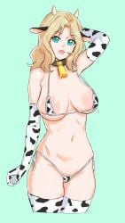 blonde_hair blue_eyes cow_bikini cow_girl cow_print girls_und_panzer kay_(girls_und_panzer) kuppipi_ramutarou large_areolae large_breasts micro_bikini