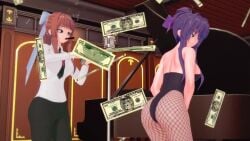 2girls 3d animated bunnysuit cash cigar clothed doki_doki_literature_club female female_only funny mashirosolera money monika_(doki_doki_literature_club) piano smoking suit tagme throwing throwing_it_back throwing_money twerking video yuri_(doki_doki_literature_club)