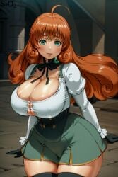 1girls ahoge ai_generated bangs black_gloves black_thighhighs blouse blush breasts bursting_breasts button_gap cleavage corset curly_hair curvy dioxide female freckles gloves green_eyes huge_breasts juliet_sleeves long_hair long_sleeves looking_at_viewer neck_ribbon nipple_bulge orange_hair penny_polendina puffy_sleeves rwby self_upload skindentation skirt smile solo thick_thighs thighhighs thighs white_shirt wide_hips