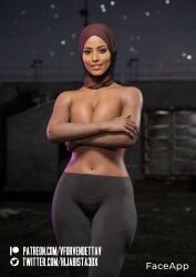 1girls 3d 3d_(artwork) ai_generated breasts covering covering_breasts covering_self female female_only hijab indian_female no_sex original original_character patreon_username public_topless real_person realistic tania_rashid topless topless_female twitter_username yoga_pants