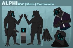 absurd_res alphi_(nightbirby) anthro ass avian balls beak bird black_body clothing corvid corvus_(genus) crow crown crypticole digital_media_(artwork) erection feathered_wings feathers fur genitals hair headgear hi_res knot looking_at_viewer machine male model_sheet nude oscine passerine penis protocrow protogen screen screen_face simple_background smile solo tail wings