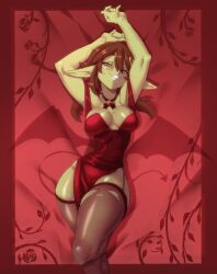 background brunette clothed female goblin goblin_female green_skin hair_ornament honey_goblin humanoid in_bed indie_virtual_youtuber legwear lingerie long_ears medium_breasts medium_hair nisego pointy_ears pose red_lingerie red_skirt virtual_youtuber vtuber