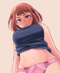 1girls angry bare_shoulders belly black_shirt blouse blush bow bow_panties breasts brown_eyes brown_hair clothes_lift female female_only from_below highres large_breasts looking_at_viewer my_hero_academia navel ochako_uraraka panties pink_panties shirt shirt_lift short_hair shounen_jump simple_background solo tabetai_omochi underwear white_background