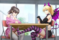 averysai demon demon_girl demon_horns demon_tail elf_boy elf_ears erinsilvyr female_on_femboy femboy footjob footjob_under_table footjob_with_legwear indie_virtual_youtuber virtual_youtuber vtuber