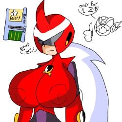 1boy 1girls artist_request busty female huge_breasts light-skinned_female long_hair mega_man mega_man_battle_network megaman.exe protoman.exe red_helmet red_suit rockman rockman_exe rule_63 straight_face sunglasses tagme thumbs_up tinted_eyewear white_background white_hair