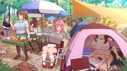 1boy 5girls ? breasts camping condom cooking female_pubic_hair highres large_breasts multiple_girls original pubic_hair ryokucha_michi sex spoken_question_mark stealth_sex table tent umbrella younger_male