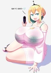 2023 amano_pikamee artist_name big_butt blonde_hair blue_eyes blue_lingerie bra_visible_through_clothes curvy dialogue english_text huge_breasts laying_on_side painted_nails pistol pointing_gun roselia_van_blanc see_through sharp_teeth short_hair talking_to_viewer thick_thighs virtual_youtuber voluptuous voms_project vtuber wide_hips