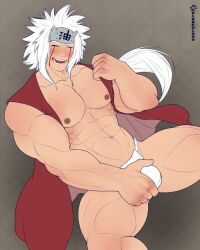 2lubkhland bara blush bulge closed_eyes face_markings fundoshi headgear jiraiya long_hair male male_only muscles muscular naruto open_clothes solo solo_male spread_legs white_hair