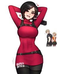 1boy 2023 2girls ada_wong ada_wong_(adriana) alternate_breast_size arms_behind_head arms_up arms_up_pose artist_name ashley_graham ashley_graham_(ella_freya) biting_lip black_hair blonde_hair blush blushypixy blushyspicy distracted_boyfriend dress female female_focus firearm fully_clothed glock gun heart large_breasts leon_scott_kennedy lipstick looking_at_viewer meme miniskirt plain_background red_sweater resident_evil resident_evil_4 resident_evil_4_remake seductive seductive_look skirt sweater sweater_dress watermark white_background