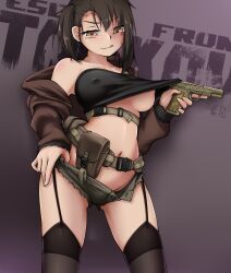 armedshipyard cute_fang escape_from_tarkov female firearm garter_straps nipple_bulge off_shoulder pistol reshala_(armedshipyard)​ shorts thighhighs tongue_out weapon