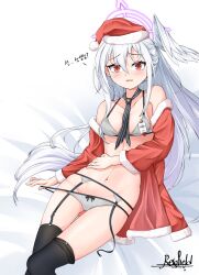 1girls blue_archive blush breasts christmas christmas_outfit inremembrancer light-skinned_female light_skin long_sleeves looking_at_viewer panties red_eyes simple_background sitting small_breasts solo suzumi_(blue_archive) thighhighs trinity_general_school_student trinity_vigilante_crew_(blue_archive) white_hair