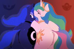 alicorn ass blue_body blue_hair bubble_butt cutie_mark duo equid equine feathered_wings feathers female female/female feral friendship_is_magic genitals hair hasbro hi_res horn mammal multicolored_hair my_little_pony princess_celestia_(mlp) princess_luna_(mlp) pussy simple_background sinrizuki smile wings