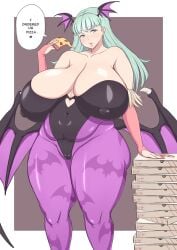 1girls bbw camel_toe clothing darkstalkers erect_nipples erect_nipples_under_clothes gigantic_breasts huge_breasts hyper_thighs large_breasts massive_thighs milkcup morrigan_aensland pizza succubus thunder_thighs