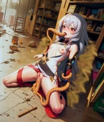 1girls ai_generated anal anal_sex commission depowered destroyed_building destruction fu_hua hair_streak honkai_(series) honkai_impact_3rd indoors kneeling red_eyes restrained rockhardart small_breasts tentacle tentacle_around_arm tentacle_in_mouth white_hair