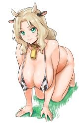 all_fours blonde_hair blue_eyes cow_bikini cow_horns cow_print cow_print_bikini girls_und_panzer kay_(girls_und_panzer) kuppipi_ramutarou lactation large_breasts on_hands_and_knees white_background