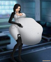 1girls ambiguous_prey belly big_belly black_hair blue_eyes ergos female_pred human mass_effect miranda_lawson post_vore tight_clothing tight_suit vore vore_belly