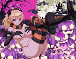 averysai boots demon demon_girl demon_horns demon_tail elf_ears gloves halloween hands_covering_breasts indie_virtual_youtuber large_breasts succubus thighhighs virtual_youtuber vtuber