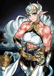 abs animal_tail biceps big_breasts character_request curvy drill_hair elf elf_ears elf_female green_eyes headwear long_hair looking_at_viewer mature_female midriff muscular muscular_arms muscular_female pointy_ears white_background yuto_noirm08