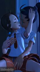 2girls 3d female female_only fingering french_kiss grabbing_breasts juliana_(pokemon) kissing multiple_girls necktie nemona_(pokemon) nobodyrly_(artist) pokemon pokemon_sv sfm tie yuri