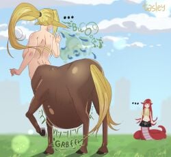 belly belly_bulge big_belly big_breasts blonde_hair breasts burp burping burping_up_object centaur centorea_shianus clothing female_pred miia_(monster_musume) monster_musume_no_iru_nichijou naga same_size_vore skirt stomach_noises tasley91 taur vore