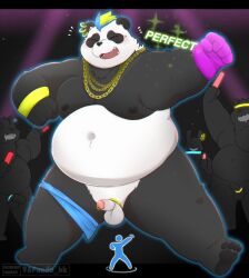 2022 96panda anthro balls bear belly big_belly black_body black_nose closed_eyes dancing erection genitals giant_panda group hi_res humanoid_hands just_dance kemono male mammal moobs navel nipples overweight overweight_male panda_(just_dance) penis small_penis solo_focus ubisoft white_body