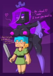 2girls alex_(minecraft) areolae azura_inalis big_breasts black_body blush crown cube_head dialogue enderman enderwoman english_text female female_only heart helmet imminent_sex implied_yuri jade_(azura_inalis) larger_female minecraft multiple_girls nipples purple_eyes purple_hair purple_nipples rule_63 size_difference smaller_female square_head sword tagme text translucent_hair yuri