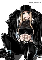 abs arms_behind_head baseball_cap big_breasts blonde_hair blue_eyes candy curvy long_hair midriff midriff_baring_shirt object_in_mouth original pale-skinned_female pale_skin streetwear tank_top thong tight_pants yuto_noirm08