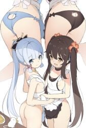 2girls ass blue_eyes brown_hair chintora0201 cunny flat_chest genshin_impact grey_hair hu_tao_(genshin_impact) kamisato_ayaka maid maid_uniform naked_apron open-mouth_smile orange_eyes petite small_ass small_breasts twintails young younger_female