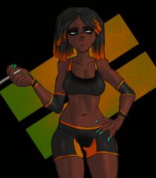 2d 2d_(artwork) apathetic athletic athletic_female blacklight bored cameltoe cigarette cleavage cottt(artist) dark-skinned_female dark_skin dreadlocks dreads female female_focus female_only green_eyes half-closed_eyes hand_on_hip highres large_breasts neon oc original original_character smoking sports_bra sports_uniform sportswear sweat sweaty_clothes wet_clothes