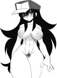 black_hair friday_night_funkin hat hypnos_lullaby jigokunsfw large_breasts long_hair monochrome muscle_tone pubic_hair pussy rule_63 shadowed_eyes steven_(strangled_red) thighs