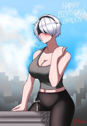 1girls blindfold breasts city clothed clothing female giantess hairband light-skinned_female light_skin macro nier nier:_automata princehans101 short_hair size_difference white_hair yorha_2b