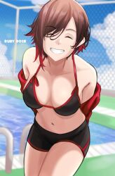 1girls arms_behind_back big_breasts bikini breasts brown_hair busty cleavage female female_only grin happy large_breasts leaning_forward legs navel pool ruby_rose rwby short_hair smile solo swimsuit thighs water