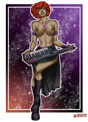 1girls afro areolae artist_name artist_signature bilnsfw breasts casual clothing commission commission_art dark-skinned_female dark_skin dress fangs female footwear full_body goth goth_girl hanna-barbera hex_girls high_heel_boots hourglass_figure human instrument jewelry keyboard keytar legs luna_(hex_girls) makeup necklace nipples red_hair scooby-doo simple_background solo topless topless_female