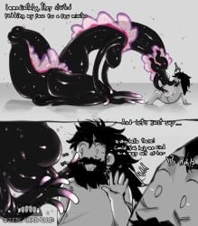 alien beard black_body black_hair bottomwear breasts clothing comic duo english_text facial_hair female hair hi_res human kneeling larger_female male mammal not_furry nude pants shirt size_difference smaller_human smaller_male text the_wanderer_(zeblackballd) topwear ze_blackball.d zeblackballd_(artist)