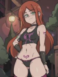 ai_generated choker freckles from_below gravity_falls green_eyes midriff navel panties pubic_tattoo red_hair stable_diffusion tank_top tattoo_on_belly tattooed_arm tattoos wendy_corduroy wristbands