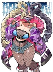 ayaka_(athighhighguy) big_breasts braided_hair breasts choker cleavage curvy demon demon_girl demon_horns denim_shorts face_mask female female_focus female_only fishnet fishnet_pantyhose fishnets gyaru hourglass_figure huge_breasts kafun long_hair looking_at_viewer multicolored_hair oni oni_girl oni_horns original original_character puffy_jacket short_shorts solo source_request streetwear thick_thighs thighs year_request