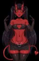 1girls :d bandeau bare_shoulders black_background black_choker black_gloves black_hair black_sclera black_thighhighs blunt_bangs breasts choker cleavage_cutout clothing_cutout collarbone colored_sclera colored_skin commentary cowboy_shot demon_girl demon_tail ear_piercing earrings elbow_gloves english_commentary fangs female female_only gloves heart heart_cutout heart_tattoo highres hoop_earrings horns jewelry long_hair microskirt navel open_mouth original piercing pointy_ears pubic_tattoo red_hair red_skin simple_background skirt small_breasts smile solo stomach studded_choker succubus succubus_(twrlare) succubus_tattoo tail tattoo thick_thighs thigh_gap thighhighs thighs thong_above_skirt thong_straps tongue_piercing twintails twrlare very_long_hair wide_hips yellow_eyes