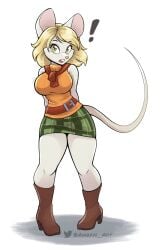 2023 ambris anthro anthro_female anthrofied arms_behind_back artist_name ashley_graham big_breasts blonde_hair brown_boots capcom casual casual_clothes exclamation_point green_skirt hazel_eyes hourglass_figure looking_at_viewer miniskirt mouse mouse_ears mouse_girl mouse_humanoid mouse_tail moushley no_sex orange_shirt orange_sweater red_scarf resident_evil resident_evil_4 short_hair skirt standing suprised suprised_look thick_legs twitter_username white_body white_fur