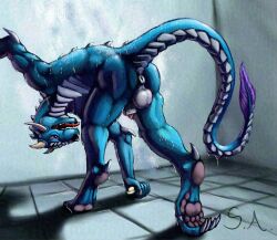 animal_genitalia anthro anus ass balls balls_blush belly_scales bent_over blue_body blush body_blush claws dewclaw digitigrade don't_drop_the_soap dragon feet genitals horn looking_at_viewer looking_back male muscular pawpads penis presenting presenting_hindquarters purple_eyes raised_tail scales scalie sheath shower solo superagro tail tongue wet