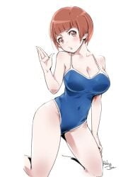 1girls annoyed annoyed_expression annoyed_face bowl_cut brown_eyes brown_hair brown_hair_female cleavage female female_only hand_on_leg hand_up kill_la_kill kneeling kneeling_female large_breasts mankanshoku_mako relaxjon school_swimsuit short_hair simple_background solo white_background