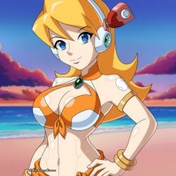 1girls alia armpits beach big_breasts bikini blonde_hair blue_eyes breasts busty capcom cleavage female female_only hand_on_hip large_breasts looking_at_viewer mega_man mega_man_x navel ocean pose posing rockmangrave sarong sensual smile solo swimsuit voluptuous water