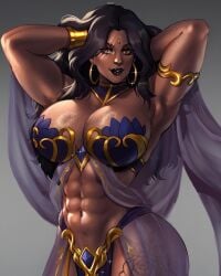 1girls abs akira_raikou arabian_clothes armpits arms_behind_head bikini black_hair bracelet dark-skinned_female glitter gold grabbing_own_hair hidden_hands lipstick long_hair nose_piercing original_character piercing scar_across_eye source_request vallone_blackwind veil yellow_eyes