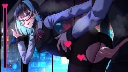 ambiguous_penetration bartender black_hair blue_eyes blue_highlights game game_cg glasses hair happy happy_sex looking_back looking_pleasured paradise_overlap ripped_pants suit tina_(paradise_overlap)