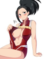 1girls areola areolae ariel_lopez artist_signature bare_arms bare_legs belly_button big_breasts black_eyes black_hair blush blushing breasts breasts_out breasts_outside busty clothed clothed_female clothes clothing exposed_breasts female female_only hair hero_outfit_(mha) human human_only large_breasts leotard leotard_pull light-skinned_female light_skin long_hair momo_yaoyorozu my_hero_academia navel nipples one_breast_out pink_nipples plain_background ponytail pose posing presenting presenting_breasts simple_background sitting solo source_request stomach thighs white_background