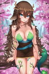 1girls animal_ears antlers bare_arms bare_legs bare_shoulders beauty_mark beauty_mark_on_breasts beauty_spot big_breasts blue_eyes blush blush_lines blushing branch branch_horns breasts brown_hair choker cleavage collarbone crown crown_of_thorns crystals deer_ears dragon_girl dragon_tail dragonoid female female_focus female_only hanging_breasts knees_together leaves light-skinned_female light_skin long_hair long_tail lunarisbloom_(artist) mole mole_on_arm mole_on_breast mole_on_thigh natural_armor natural_colors naturally_censored sitting sugi_aoki thick_thighs thighs vines virtual_youtuber wide_hips wide_thighs