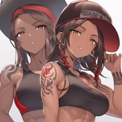 2girls ai_generated dark-skinned_female dominant_female gangster_momma's_(group) gangster_mommas_s_&_h_(shadobat42) muscular shadobat42 stable_diffusion tattoos