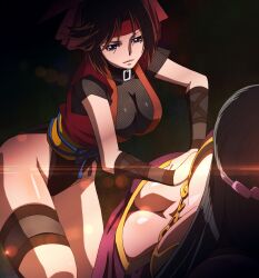 2girls asai_hyougo black_hair blue_eyes breasts brown_hair cleavage clothing female female_only fuuun_ishin_dai_shogun hips houkouin large_breasts long_hair medium_hair multiple_girls screencap stitched thick_thighs thighs wide_hips